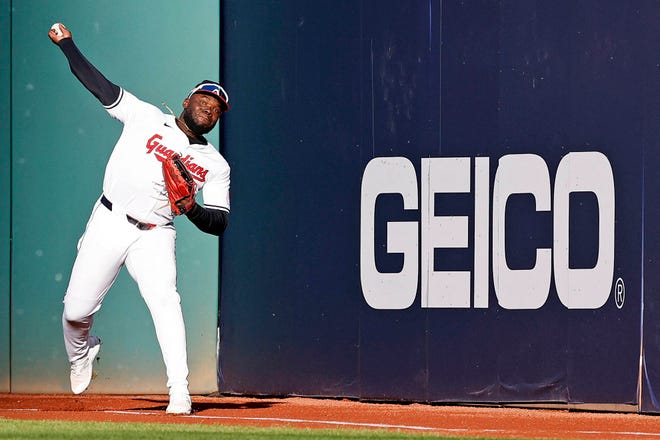 Guardians right fielder Jhonkensy Noel throws our Detroit Tigers runner Justyn-Henry Malloy at second base in the fifth inning in Game 2 of the ALDS, Oct. 7, 2024, in Cleveland.