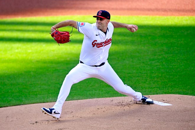 Guardians starting pitcher Matthew Boyd pitches during the first inning against the Tigers in Game 2 of the ALDS, Oct.. 7, 2024, in Cleveland.