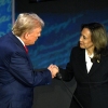 Vice President Harris, the Democratic presidential nominee, shakes hands with former President Donald Trump, the Republican nominee, during the presidential debate in September.