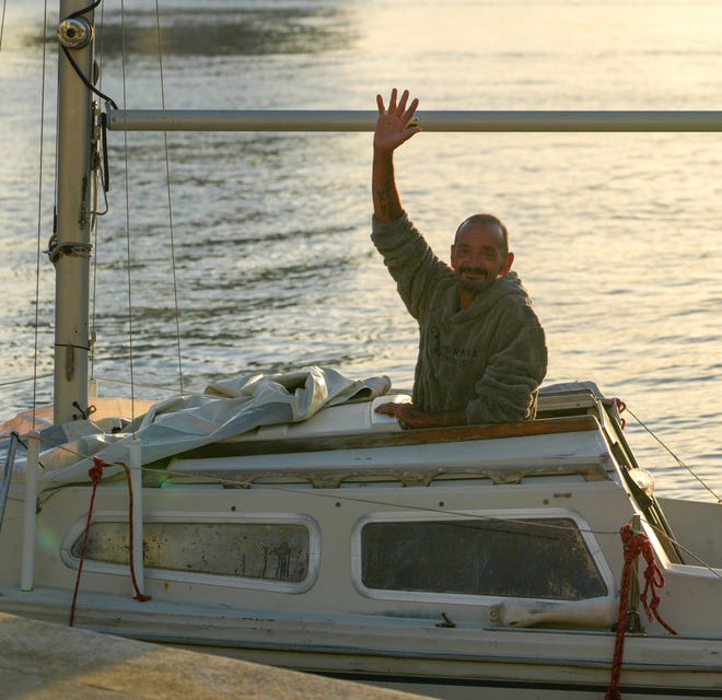 Joe “Lt. Dan” Malinowski rode out Hurricane Milton aboard his 22-foot sailboat in downtown Tampa, despite threats of being arrested by police. He went viral during the storm for his TikTok videos, and well-wishers visited his boat on Thursday, Oct. 10, 2024, to offer their support and thanks that he survived the storm.