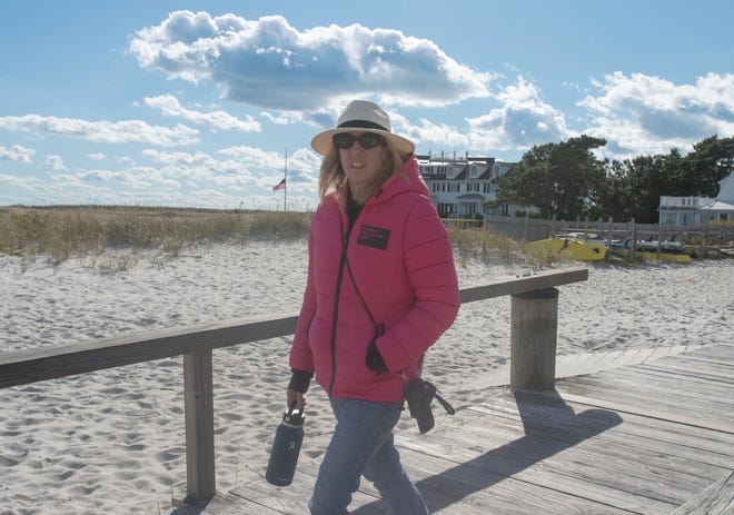 Rory Kennedy makes a brief remark to media on Oct. 10, 2024, along the Hyannisport Yacht Club pier as she walks down to meet her brother Max Kennedy for a sail. Family members gathered at the Kennedy compound after Ethel Kennedy, 96, died earlier in the day.