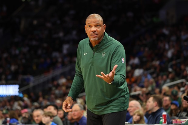 Milwaukee Bucks head coach Doc Rivers reacts to an official’s...