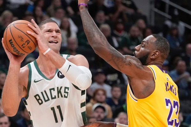 Milwaukee Bucks center Brook Lopez, left, is fouled by Lakers...