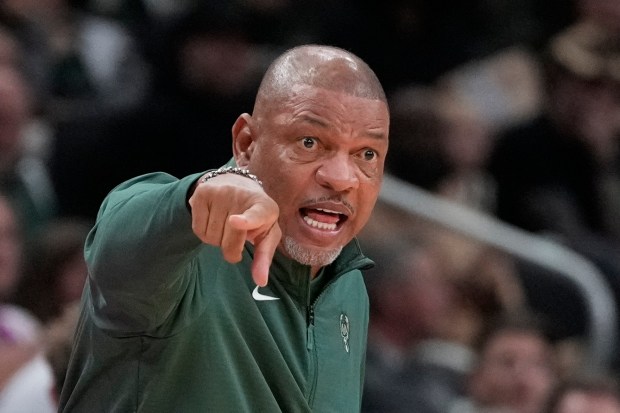 Milwaukee Bucks head coach Doc Rivers reacts during the second...