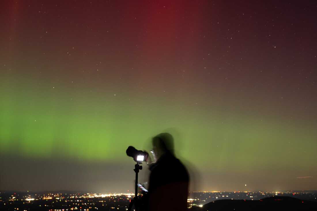 The northern lights, produced by a solar geomagnetic storm, are seen from Shenandoah National Park in Rileyville, Virginia, on Oct. 10. 