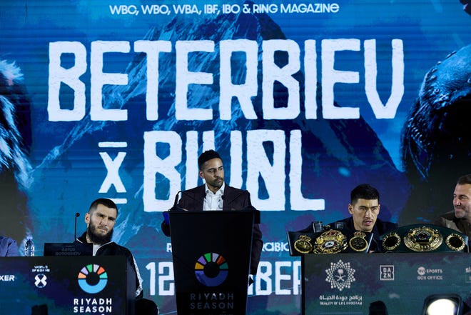 Artur Beterbiev and Dmitry Bivol speak at the final press conference ahead of their undisputed light heavyweight title fight on Oct. 12.