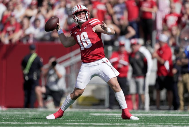 Braedyn Locke threw for 359 yards and three touchdowns in Wisconsin's 52-6 win over Purdue last week. He'll start his third game on Saturday when Wisconsin plays Rutgers.