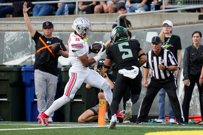 Ohio State wide receiver Emeka Egbuka had 10 catches for 93 yards and a touchdown Saturday.