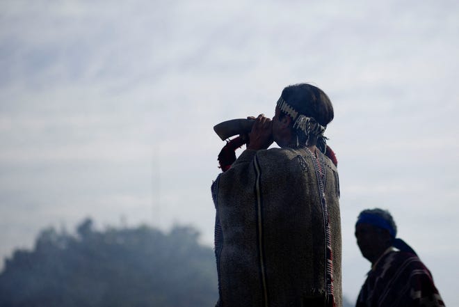 A demonstrator takes part in a protest against Columbus Day in Santiago, Chile, October 13, 2024. REUTERS/Juan Gonzalez