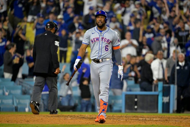 Oct 13, 2024; Los Angeles, California, USA; New York Mets outfielder Starling Marte (6) reacts after a strike out in the ninth inning during game one of the NLCS for the 2024 MLB Playoffs at Dodger Stadium. Mandatory Credit: Jayne Kamin-Oncea-Imagn Images