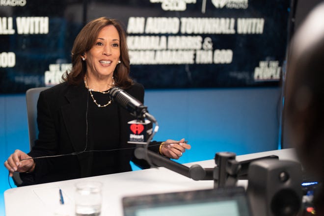 Vice President and Democratic presidential candidate Kamala Harris prepares for a live iHeartRadio interview with US radio host Charlamagne tha God in Detroit, Michigan on October 15, 2024.