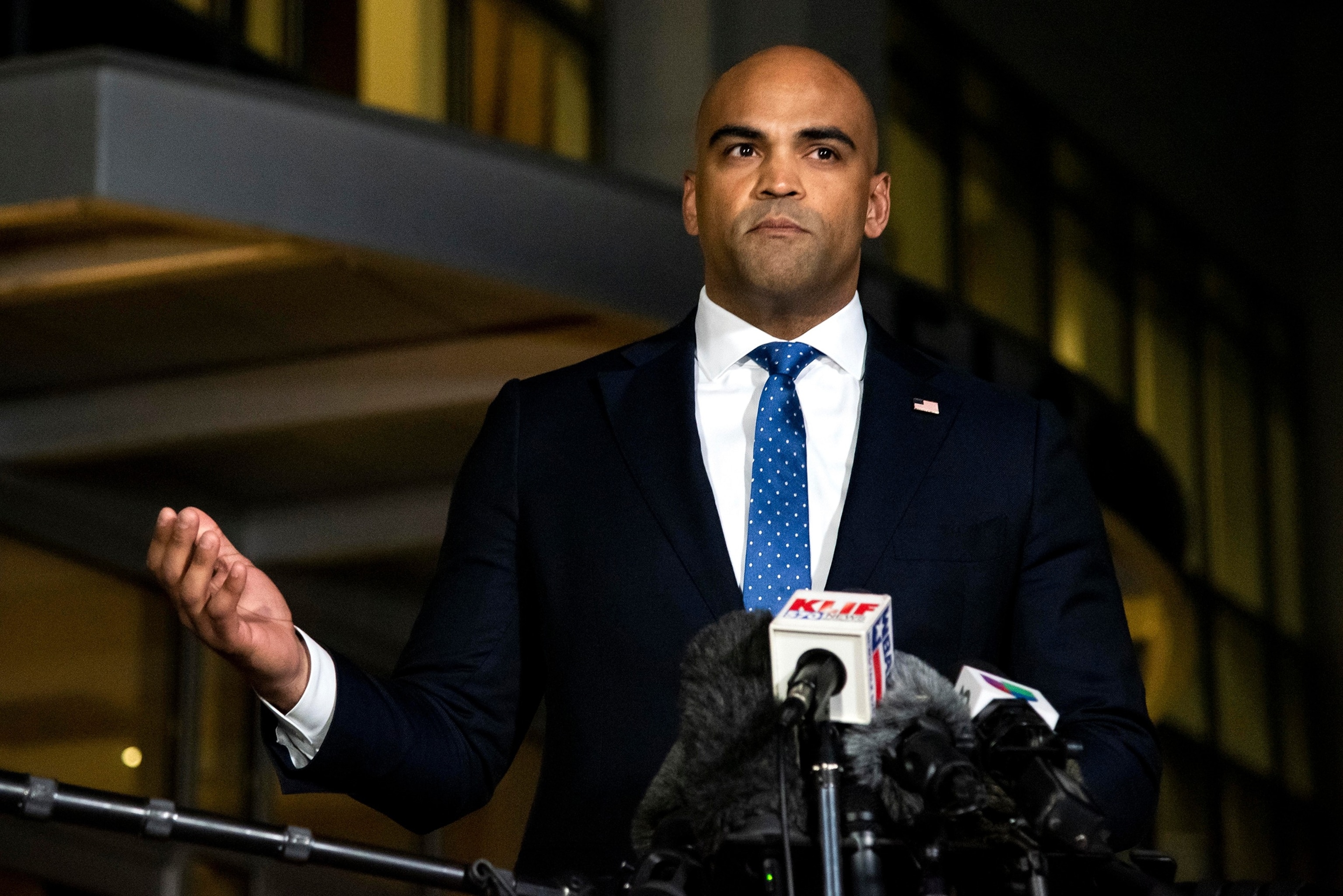 PHOTO: In this Jan. 17, 2022, file photo, Rep. Colin Allred speaks  to reporters following an event in Southlake, Texas. 