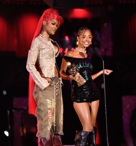 Teyana Taylor (L) and Tyla speak onstage during the BET Hip Hop Awards 2024 at Drai's Beach Club Nightclub at The Cromwell Las Vegas on October 8, 2024 in Las Vegas, Nevada. 