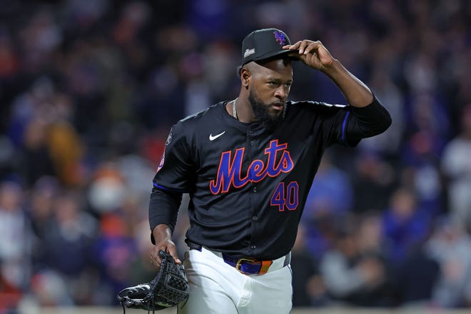 New York Mets pitcher Luis Severino (40) reacts after an out in the third inning during game three of the NLCS for the 2024 MLB playoffs on Oct. 16, 2024, at Citi Field.