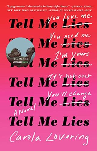 Tell Me Lies by carola lovering book cover featuring the title in repeated text