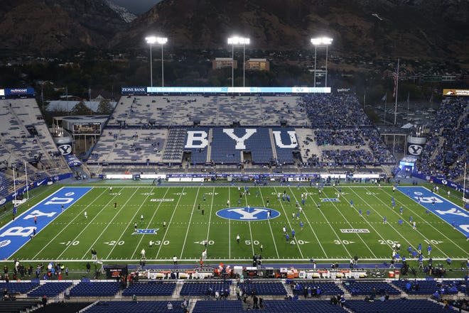 Oct 18, 2024; Provo, Utah, USA; A general view of the field before the game between the Brigham Young Cougars and the Oklahoma State Cowboys at LaVell Edwards Stadium. Mandatory Credit: Rob Gray-Imagn Images