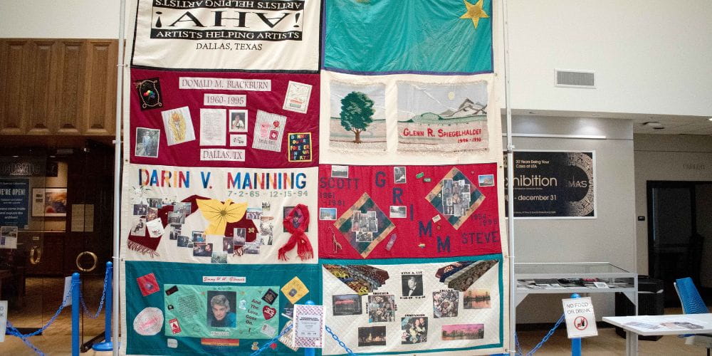 The section of the National AIDS Memorial Quilt up for display in the UTA Libraries 