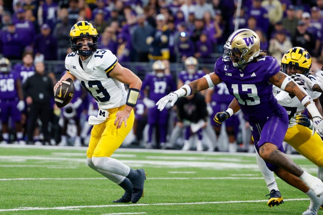 Michigan Wolverines quarterback Jack Tuttle looks to pass against the Washington Huskies during the third quarter at Husky Stadium, Oct. 5, 2024 in Seattle.