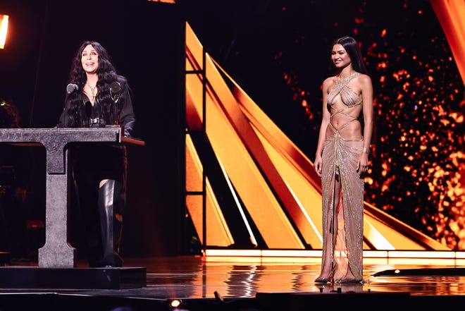 CLEVELAND, OHIO - OCTOBER 19: Inductee Cher and Zendaya speak onstage during the 2024 Rock & Roll Hall Of Fame Induction Ceremony streaming on Disney+ at Rocket Mortgage Fieldhouse on October 19, 2024 in Cleveland, Ohio. (Photo by Theo Wargo/Getty Images for The Rock and Roll Hall of Fame)