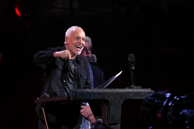 CLEVELAND, OHIO - OCTOBER 19: Inductee Peter Frampton speaks onstage during the 2024 Rock & Roll Hall Of Fame Induction Ceremony streaming on Disney+ at Rocket Mortgage Fieldhouse on October 19, 2024 in Cleveland, Ohio. (Photo by Dia Dipasupil/Getty Images for The Rock and Roll Hall of Fame)