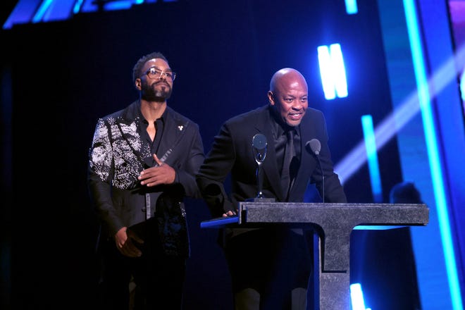 CLEVELAND, OHIO - OCTOBER 19: Method Man and Dr Dre speak onstage during the 2024 Rock & Roll Hall Of Fame Induction Ceremony streaming on Disney+ at Rocket Mortgage Fieldhouse on October 19, 2024 in Cleveland, Ohio. (Photo by Dia Dipasupil/Getty Images for The Rock and Roll Hall of Fame)