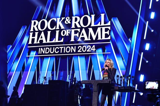 CLEVELAND, OHIO - OCTOBER 19: Julia Roberts speaks onstage during the 2024 Rock & Roll Hall Of Fame Induction Ceremony streaming on Disney+ at Rocket Mortgage Fieldhouse on October 19, 2024 in Cleveland, Ohio. (Photo by Theo Wargo/Getty Images for The Rock and Roll Hall of Fame)