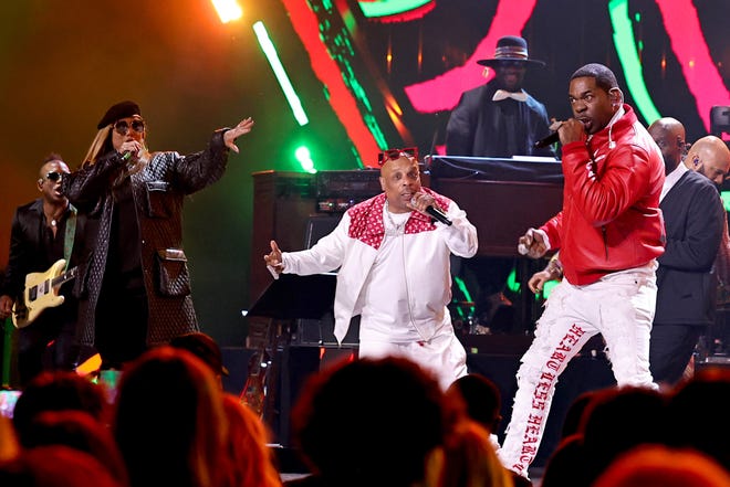 CLEVELAND, OHIO - OCTOBER 19: Queen Latifah, Spliff Star and Busta Rhymes perform onstage during the 2024 Rock & Roll Hall Of Fame Induction Ceremony streaming on Disney+ at Rocket Mortgage Fieldhouse on October 19, 2024 in Cleveland, Ohio. (Photo by Theo Wargo/Getty Images for The Rock and Roll Hall of Fame)