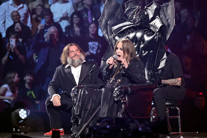 CLEVELAND, OHIO - OCTOBER 19: Jack Black and Ozzy Osbourne onstage during the 2024 Rock & Roll Hall Of Fame Induction Ceremony streaming on Disney+ at Rocket Mortgage Fieldhouse on October 19, 2024 in Cleveland, Ohio. (Photo by Theo Wargo/Getty Images for The Rock and Roll Hall of Fame)