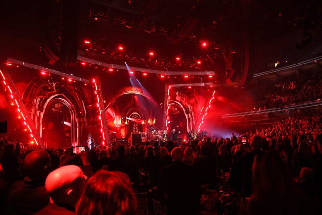 CLEVELAND, OHIO - OCTOBER 19: Chad Smith, Andrew Watt, Jelly Roll, Robert Trujillo, and Zakk Wylde perform onstage during the 2024 Rock & Roll Hall Of Fame Induction Ceremony streaming on Disney+ at Rocket Mortgage Fieldhouse on October 19, 2024 in Cleveland, Ohio. (Photo by Dia Dipasupil/Getty Images for The Rock and Roll Hall of Fame)