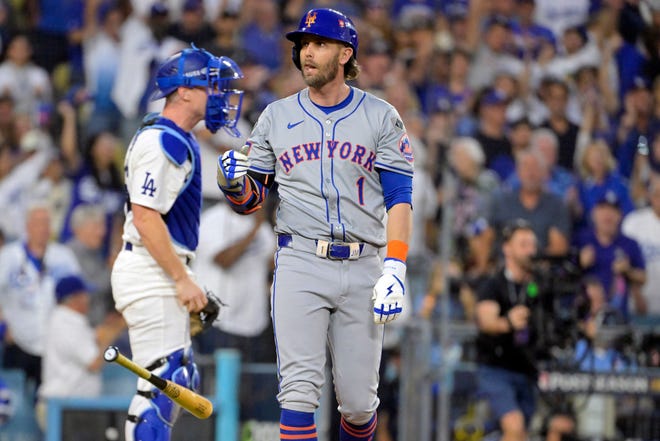 New York Mets second baseman Jeff McNeil (1) reacts after striking out in the third inning against the Los Angeles Dodgers during Game 6 of the NLCS for the 2024 MLB playoffs on at Dodger Stadium.