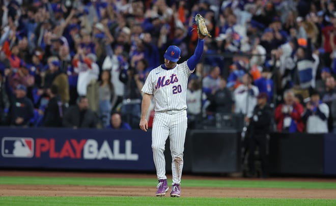 Oct 18, 2024; New York City, New York, USA; New York Mets first base Pete Alonso (20) celebrates defeating the Los Angeles Dodgers during game five of the NLCS for the 2024 MLB playoffs at Citi Field. Mandatory Credit: Brad Penner-Imagn Images