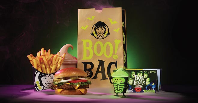 Wendy's Boo! Bags come with a Dave’s Single burger, small fry, small Frosty, a glow-in-the-dark Bone Chiller Frosty figure and a Boo! Book.