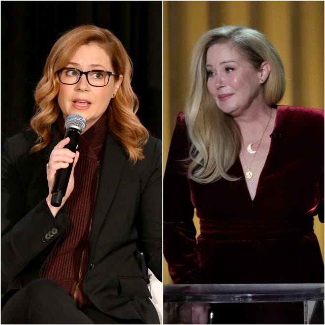 Jenna Fischer speaks onstage at Marriott Marquis Times Square on Oct. 30, 2019 in New York City. / Christina Applegate presents an award at the 75th Emmy Awards on Jan. 24, 2024.