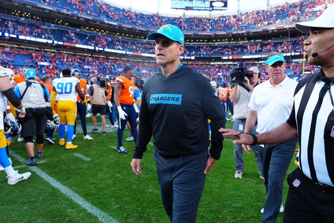 Los Angeles Chargers head coach Jim Harbaugh following the win over the Denver Broncos at Empower Field at Mile High. He's expected to coach this week despite the recent health scare.