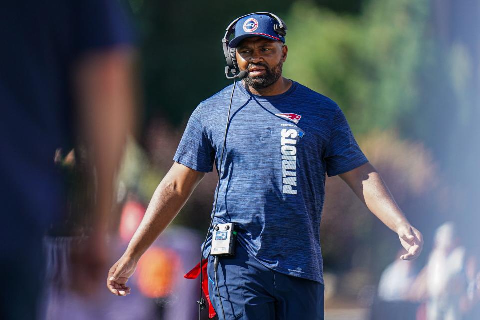 Sep 15, 2024; Foxborough, Massachusetts, USA; New England Patriots head coach Jerod Mayo watches from the sideline as they take on the Seattle Seahawks at Gillette Stadium. Mandatory Credit: David Butler II-Imagn Images