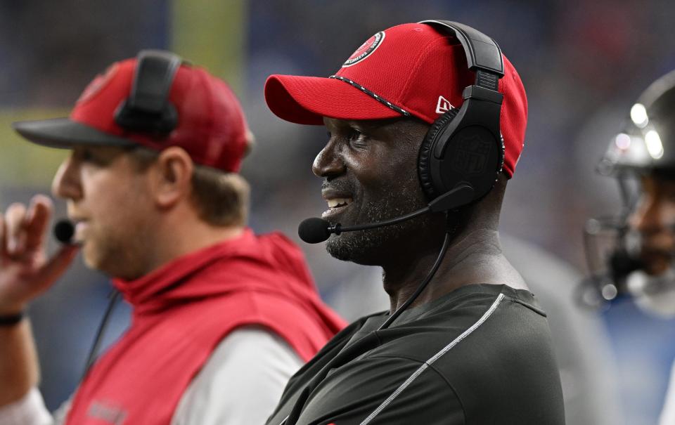 Sep 15, 2024; Detroit, Michigan, USA; Tampa Bay Buccaneers head coach Todd Bowles reacts after the Buccaneers defense stopped the Detroit Lions on a fourth down play late in the fourth quarter at Ford Field. Mandatory Credit: Lon Horwedel-Imagn Images