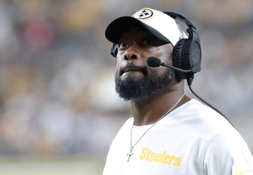 Oct 6, 2024; Pittsburgh, Pennsylvania, USA; Pittsburgh Steelers head coach Mike Tomlin looks on against the Dallas Cowboys during the third quarter at Acrisure Stadium. Dallas won 20-17. Mandatory Credit: Charles LeClaire-Imagn Images