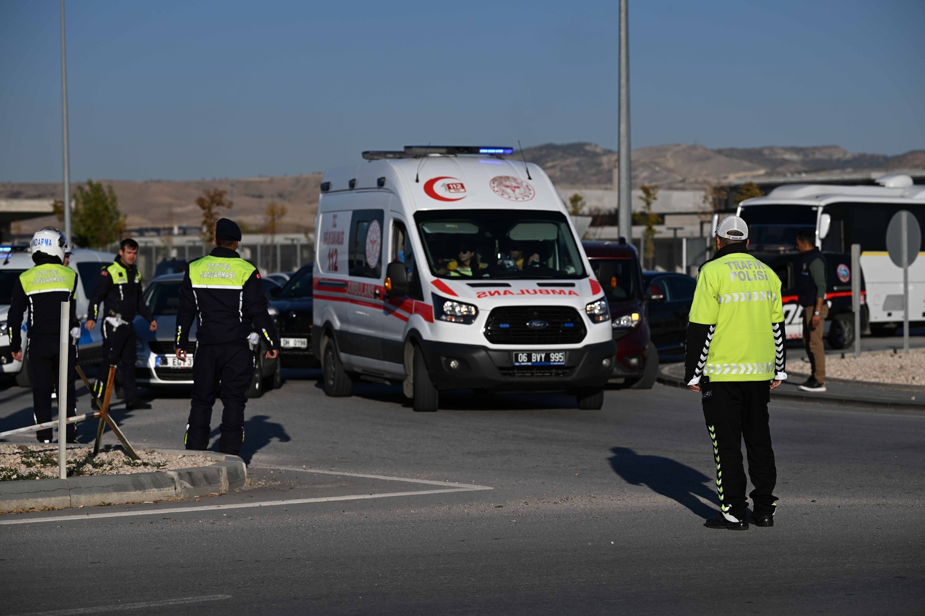 PHOTO: Security forces, firefighters, and paramedics are dispatched to Turkish Aerospace Industries' (TAI) facilities after explosions and gunshots were reported in the Kahramankazan district of Ankara, Turkey on Oct. 23, 2024. 