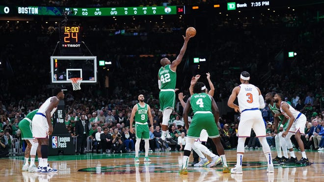 Oct 22, 2024; Boston, Massachusetts, USA; The Boston Celtics and New York Knicks tip-off to start the game at TD Garden. Mandatory Credit: David Butler II-Imagn Images