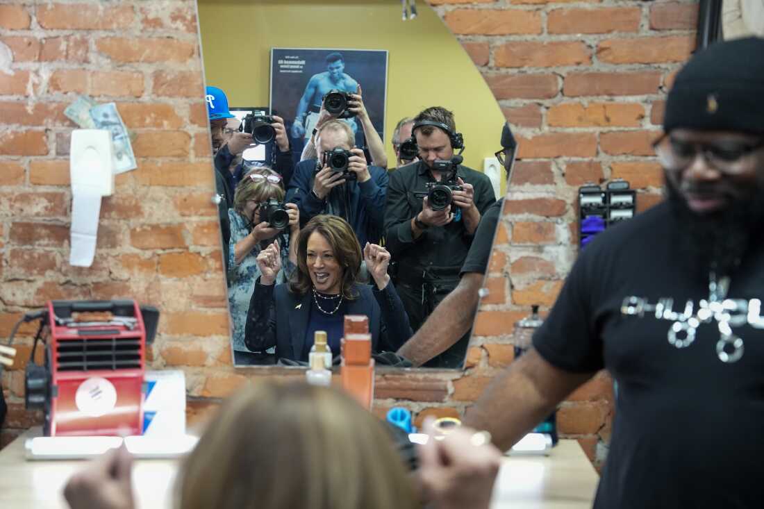 Vice President Harris sits in the “lucky chair” at PhillyCuts on Oct. 27, 2024 in Philadelphia. According to the barbershop, anybody that has run for office and has sat in that chair has won their race.