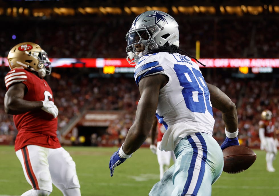 SANTA CLARA, CALIFORNIA - OCTOBER 27: CeeDee Lamb #88 of the Dallas Cowboys reacts after catching a touchdown pass during the fourth quarter against the San Francisco 49ers at Levi's Stadium on October 27, 2024 in Santa Clara, California. (Photo by Lachlan Cunningham/Getty Images)