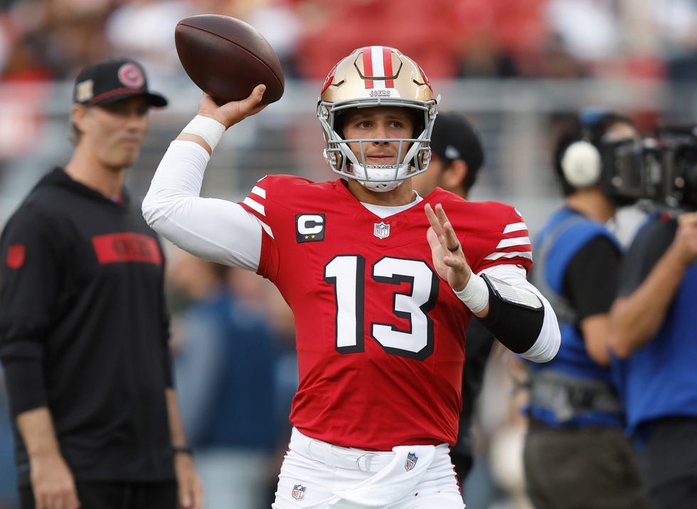 SANTA CLARA, CALIFORNIA - OCTOBER 27: Brock Purdy #13 of the San Francisco 49ers warms up prior to a game against the Dallas Cowboys at Levi's Stadium on October 27, 2024 in Santa Clara, California. (Photo by Lachlan Cunningham/Getty Images)