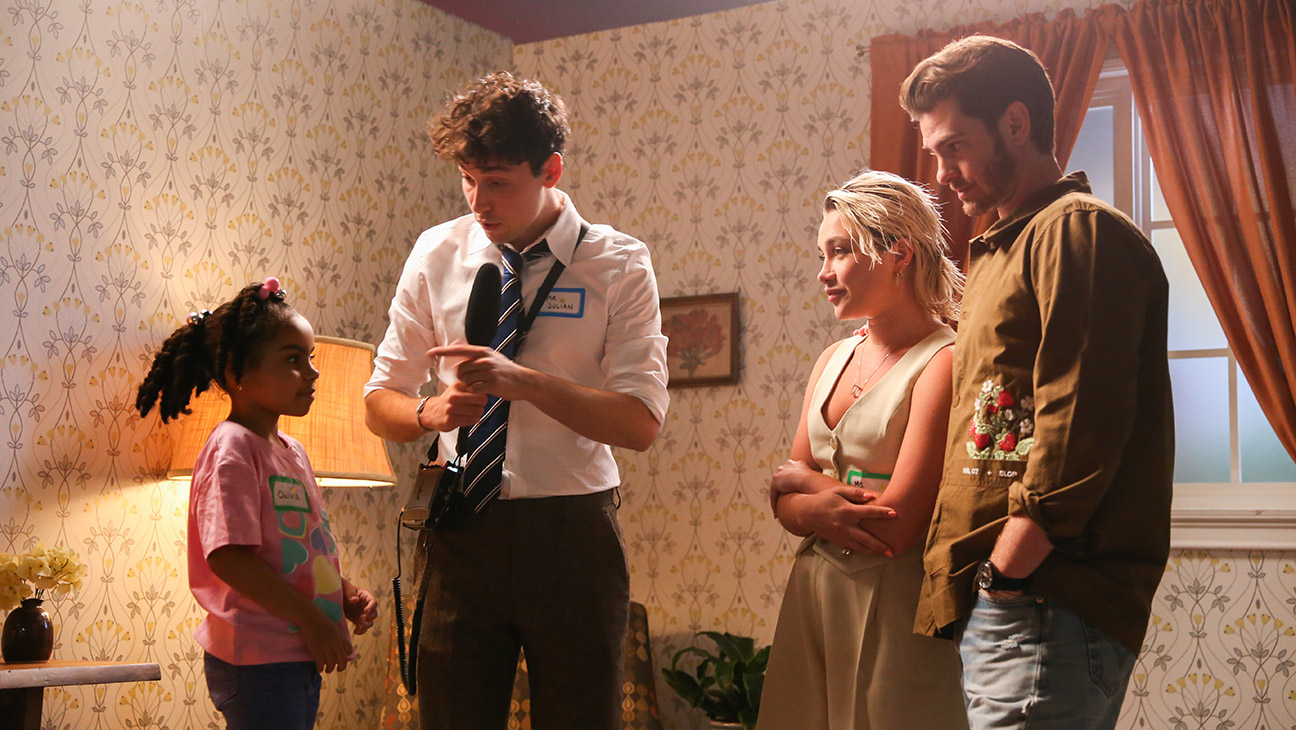 'Celebrity Substitute' creator and host Julian Shapiro-Barnum addresses a young student as Florence Pugh and Andrew Garfield look on.