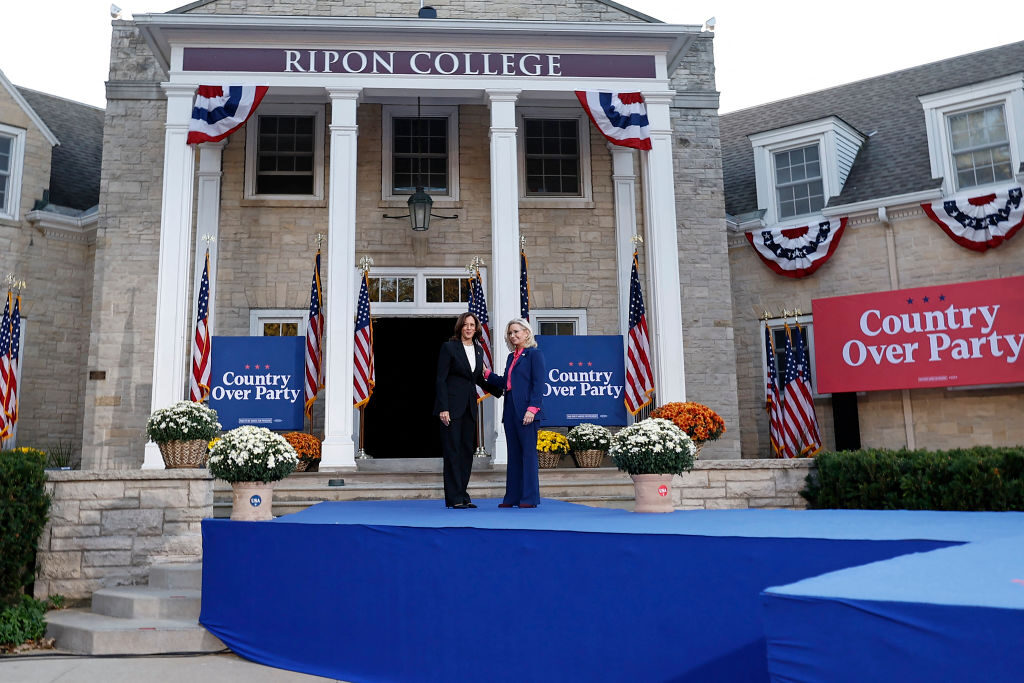 Vice President Kamala Harris and former Rep. Liz Cheney, R-Wyo., arrive for a campaign event at Ripon College in Wisconsin on Thursday.