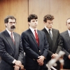 Lyle Menendez (second from left) and his brother, Erik are flanked by their attorneys Gerald Chaleff (left) and Robert Shapiro, in Beverly Hills Municipal Court in 1990.