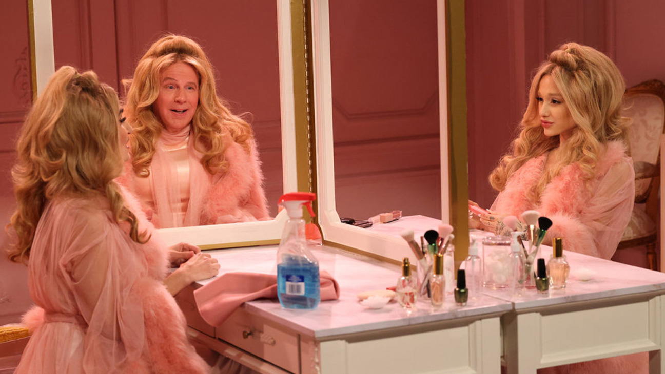 Chloe Fineman as Jennifer Coolidge, Dana Carvey as Jennifer Coolidge, and host Ariana Grande as Jennifer Coolidge during the “Maybelline” sketch on 'SNL.'