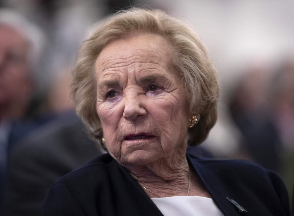 Ethel Kennedy, watches a video about her late husband during the Robert F. Kennedy Human Rights awards ceremony on Capitol Hill in Washington in 2018. (J. Scott Applewhite/AP)