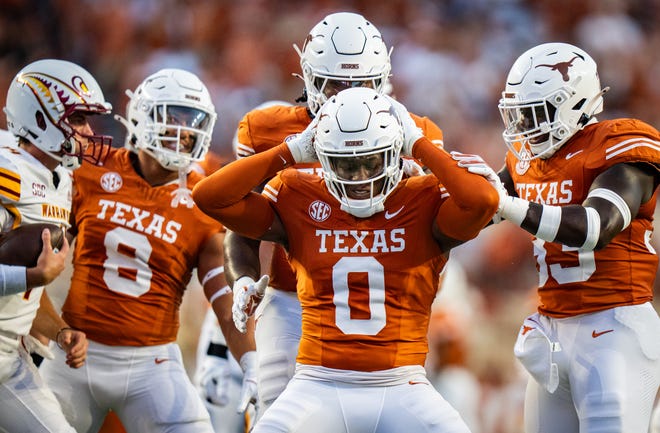 Texas linebacker Anthony Hill Jr. celebrates a sack against ULM earlier this season. Hill and the Texas defense will have their hands full against Vanderbilt quarterback Diego Pavia Saturday in Nashville.