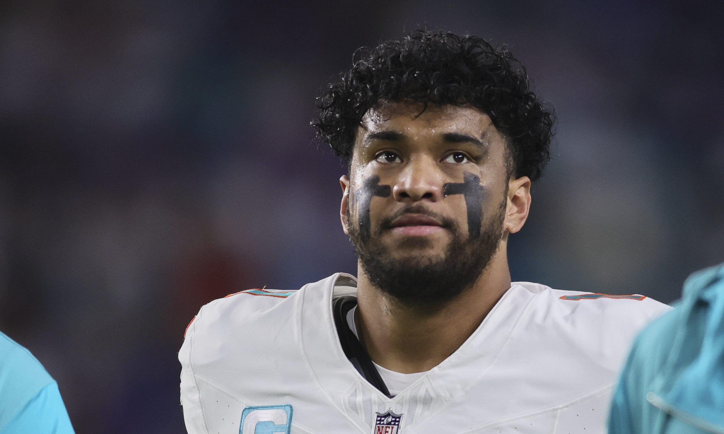 Jan 7, 2024; Miami Gardens, Florida, USA; Miami Dolphins quarterback Tua Tagovailoa (1) looks on from the field prior to the game against the Buffalo Bills at Hard Rock Stadium.