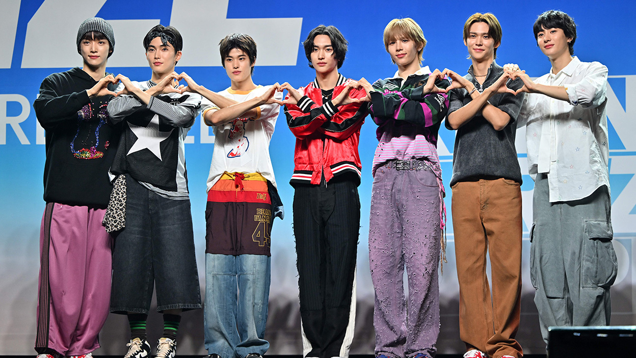 K-pop boy group 'RIIZE' members (L-R) Sungchan, Seunghan, Sohee, Wonbin, Shotaro, Eunseok and Anton at their debut showcase in Seoul on September 4, 2023.